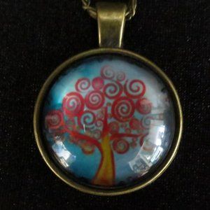 New World Glass Necklace Colorful Tree of Life Cabochon Pendant Brass Unisex 18"